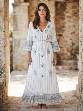 ANANTA Boho White with Blue Accents Maxi Dress Size S/M NWT